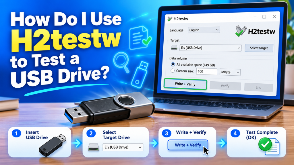 How do I use H2testw to test a USB drive?