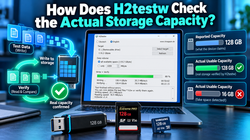 How does H2testw check the actual storage capacity?